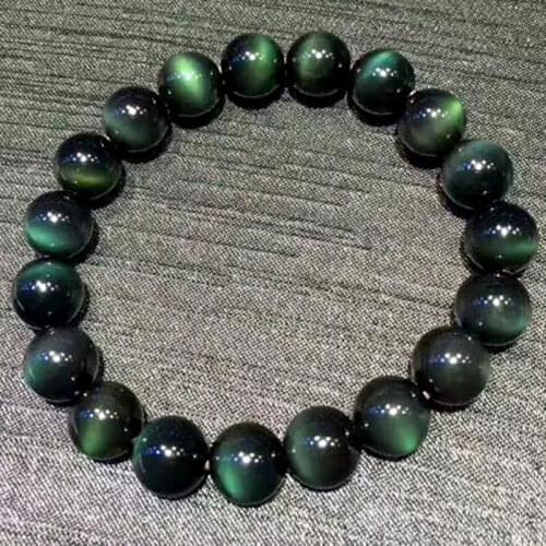 Natural Stone Obsidian Rainbow Eye Green Unisex Charm Bracelets Men Women Fashion Jewelry Lucky Round Beads Stretch Bracelet