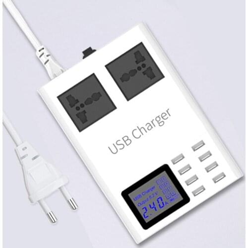 Mobile Phone Fast Charger Universal 8 USB Ports AC Socket Led Display Smart Wall Charger US EU UK Plug Desktop Power Adapter