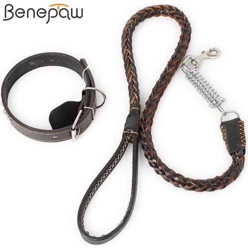 Benepaw Durable Braided Leather Dog Collar Leash Set For Medium Big Dogs Soft Buffer Spring Pitbull Pet Leash Collar Supplies
