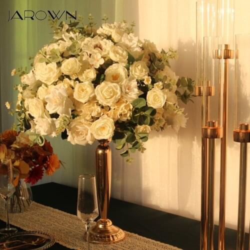 JAROWN Customize White High Quality Big Flower Ball Wedding Table Centerpiece Decoration Artificial Rose Flower Ball Stand Decor
