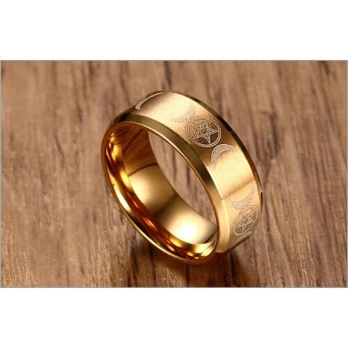 Triple Goddess Ring for Men 8mm Stainless Steel Star & Moon Alliance Classic Casual Male Band Jewelry Size 7 8 9 10 11 1