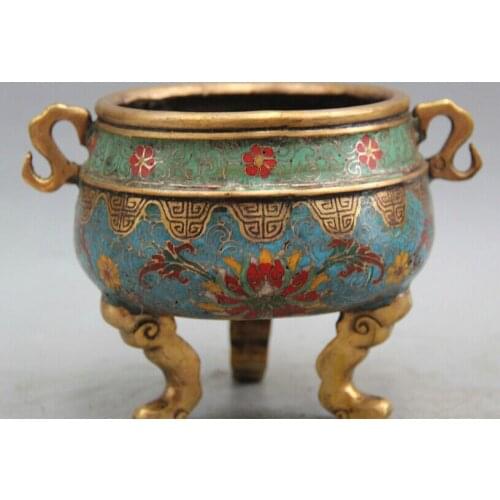 Collectible bronze S2092 7" Marked Chinese palace Cloisonne Bronze Gild 3 Foot Incense Burner Censer