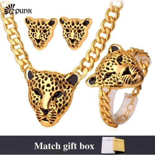 Classic Animal Lion Head Women Necklace Bracelet Earrings Jewelry Set Punk Jewelry Leopard Chunky Necklace Wholesale S727G