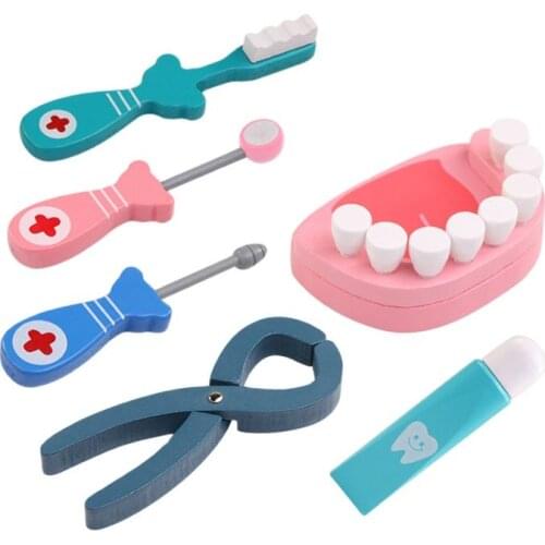Lantiger 6Pcs/set Baby Toys Doctor Play Wooden Dental Tools Simulation Medicine Box For Boys Girls