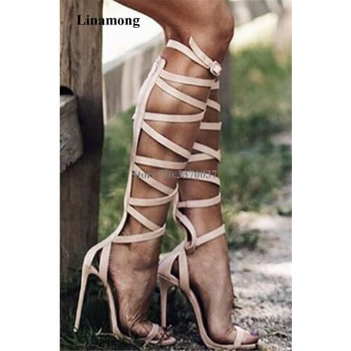 Summer New Fashion Women Knee High Suede Leather Stiletto Heel Gladiator Boots Strap Cross Long High Heel Sandal Boots