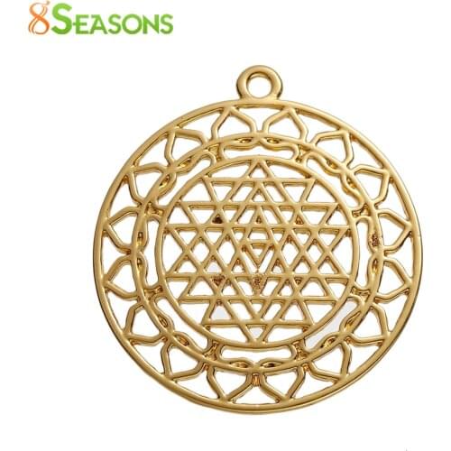 8SEASONS Zinc Based Alloy Sri Yantra Meditation Pendants Round gold-color Hollow 44mm(1 6/8") x 40mm(1 5/8"), 3 PCs