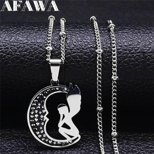 2021 Moon Angel Black Crystal Stainless Steel Necklace for Women/Men Silver Color Necklaces Chain Jewery collier lune NXS01