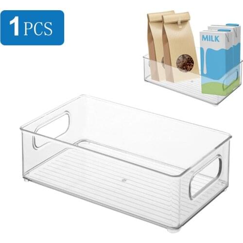 1PCS Transparent PET Refrigerator Organizer Bins Clear Plastic Pantry Food Storage Rack With Handles For Kitchen Cabinets