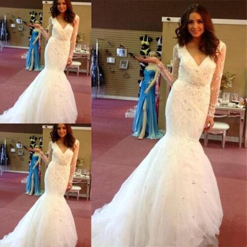 Luxurious V-Neck Long Sleeve Mermaid Wedding Dresses Beaded Bridal Wedding Gowns Vestido De Casamento Hot Sale