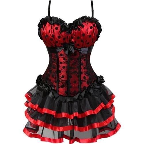 Sexy Womens Burlesque Dot Corset with Strap Bustier Party Dresses Skirt Tutu Set Gothic Elegant Cosplay Costume Red