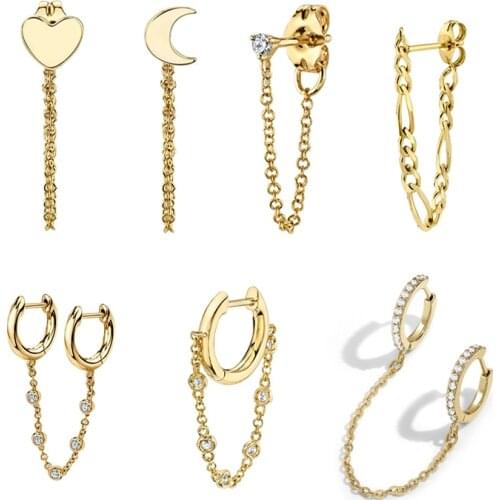 1pc New 2020 Ear Hole Piercing Stud Earrings for Women Moon Heart Gold Chain CZ Crystal Earrings Double Circle Huggies Jewelry