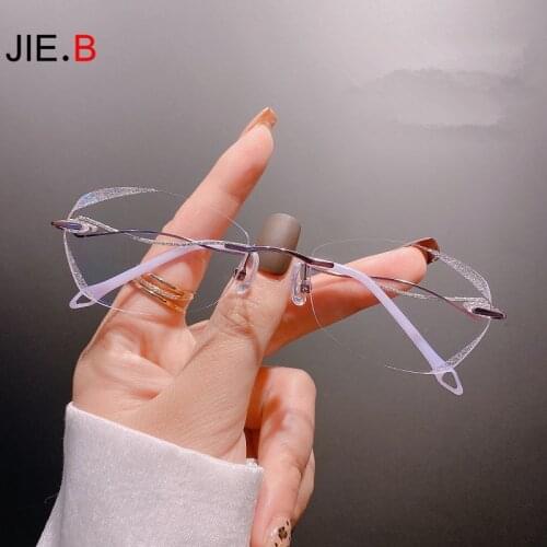 Ultralight Net Red Color Big diamond Frameless Mirror Titanium Alloy Ladies Anti-Blue Optical Lens Prescription Myopia Sunglasse