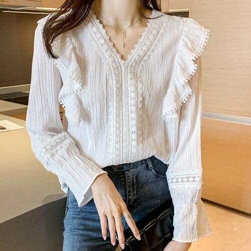 Flare Sleeve White Shirt Women 2021 Spring Autumn Tops V-Neck Ruffles Lace Office Lady Lace Blouse Woman Clothes Chemisier Femme