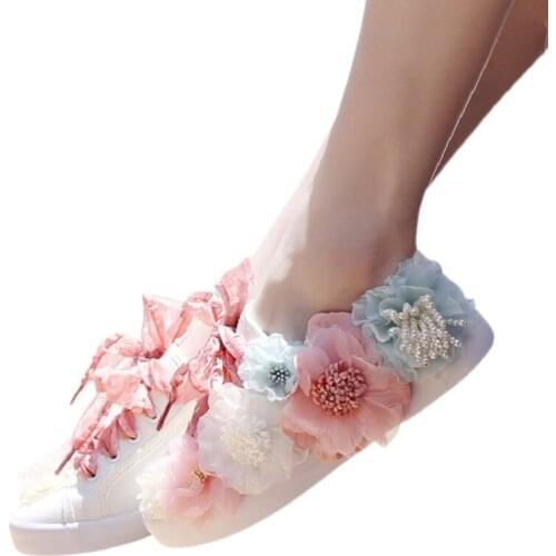 Handmade Pearls White Sneakers Women Ribbon Lace Up Floral Wedding Flats 2020 Fashion Sweet Ladies Canvas Casual Shoes Female