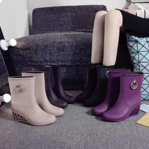 LEOSOXS Wedges Flat Women Rainboots Non-slip Waterproof Women Mid-Calf Shoes Rain Boots Rubber Shoes Casual Fashion Rain Shoes