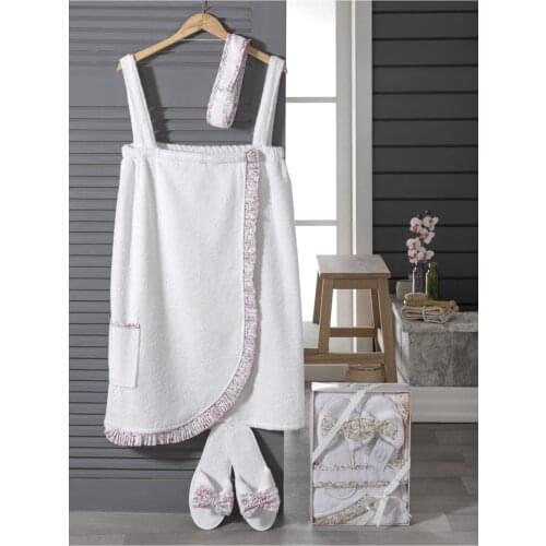 High Quality Womens Sauna Set 3 Piece 100% Cotton Hair Cap Slippers Sauna Skirt Stylish Modern Hammam Sauna Pool Beach bath