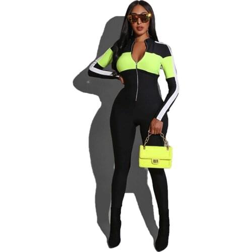 RMSFE 2021 Women Long Sleeve Stand Collar Zipper Fashion Sexy Solid Color Casual Color Matching Jumpsuit