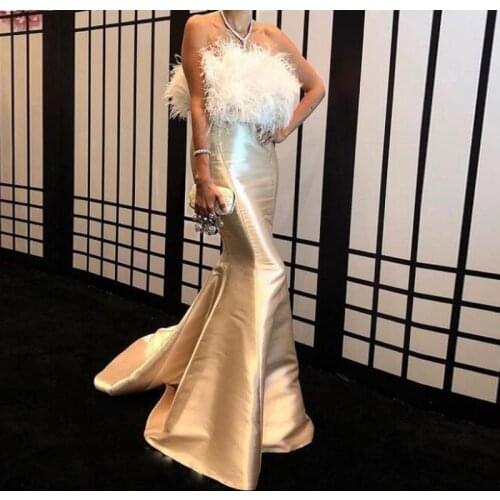 Feather Strapless Mermaid Prom Dresses Champagne Satin Saudi Arabia Evening Gowns Sweep Train Robe De Soiree Custom Made 2021