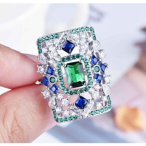 Vintage Edward Art Deco Emerald Gemstones Diamonds Women Rings Luxury White Gold Filled Jewelry Green Crystal Trendy Accessory