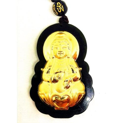 24K Yellow Gold Hetian Dark Green Jade Buddha Amulet Lucky Pendant Necklace