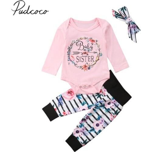 2018 Brand New Autumn Winter Toddler Baby Girl Clothes Set 3PCS Long Sleeve Letter Print Pink Romper Tops+Striped Pants+Headband