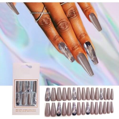 30pcs/24pcs Pearly Luster Marbling Fake Nails Pink Leopard Press On False Nails Pure Color Ballet Coffin Nail Art Manicure Tools