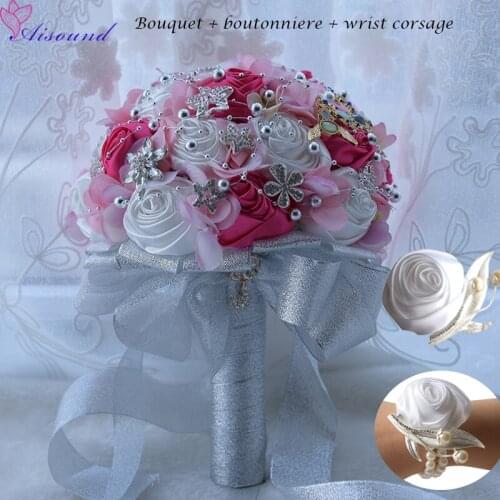 8" Wedding Decoration Rose Flower Bouquet Corsage & Boutonniere Pink White Satin Flower Bouquet For Bride Brooch Bouquet AD557P