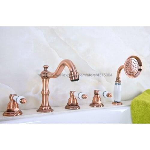 Antique Red Copper Bathroom Tub Faucet Deck Mounted W/ Hand Shower Sprayer 3 Handles 5 holes Ntf224