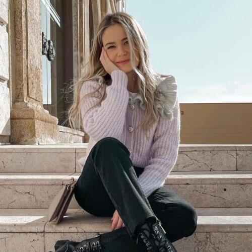 Ardm Elegant Ruffled Purple Cardigan Women Sweater Buttons Patchwork Vintage Long Sleeve Female Outerwear Chic Tops