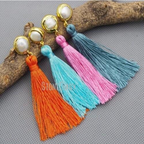 10Pcs Yellow, Turquoises Silk Stud Earrings Freshwater Pearl Gold Color Tassel Stud Earrings Clearance Approx 3inch ER15390