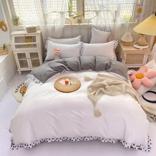 Cotton Lacework Lotus Leaf Bedding Set Korean Princess Duvet Cover Aristocratic Bedspreads Single Double King Size No Fills