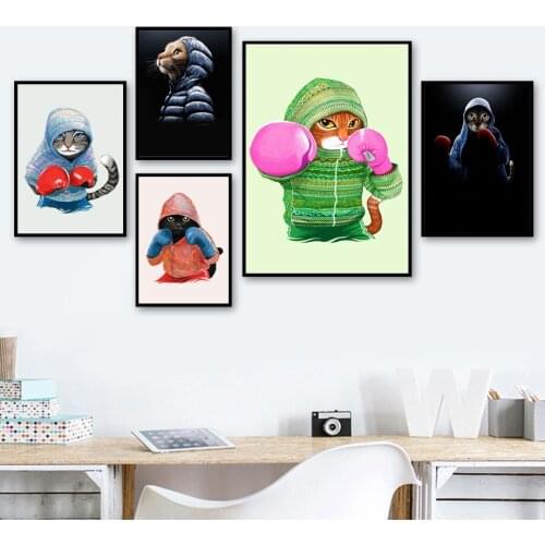 Cartoon Cat Boxer Wall Art Canvas Painting Nordic Posters And Prints Animals Wall Pictures For Living Room Kids Room Decor