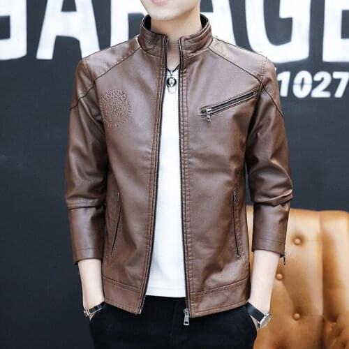 New Spring and Autumn Zipper-Pockets Jacket 2020 Mens Korean Version Slim-fitting Stand-up PU Leather Jacket
