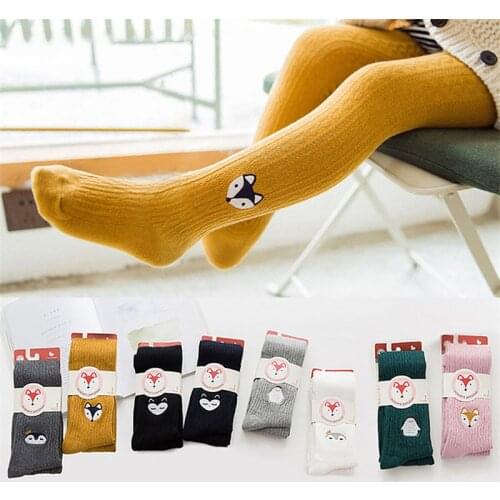 Cute Cartoon Tights for Girls Cotton Warm Winter Children Pantyhose Knitted Baby Girl Toddler Tights Embroidery Fox Black Tights