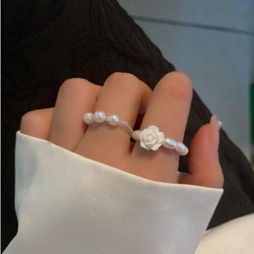 Sweet Temperament Elastic Girls Wedding Ring Set Pearls Simple Floral Rings
