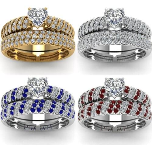 Fashion Womens Jewelry Red Color White Crystal Rings 1.8 Carat Heart Cut Crystal Bridal Wedding Engagement Rings Set