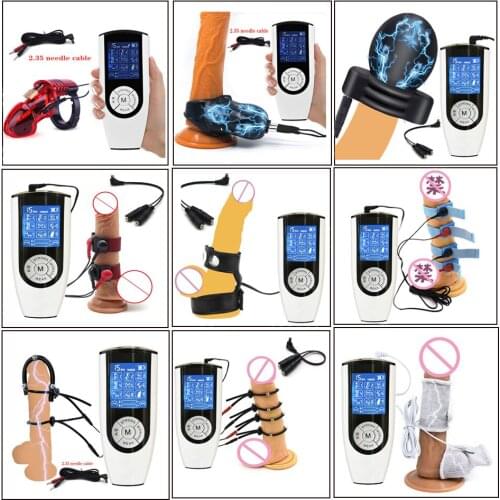 Male Electric Shock Cock Cage Scrotum Sleeve Glans Trainer Strong Electro Stimulation Beads Massage Penis Ring Medical Sex Toys