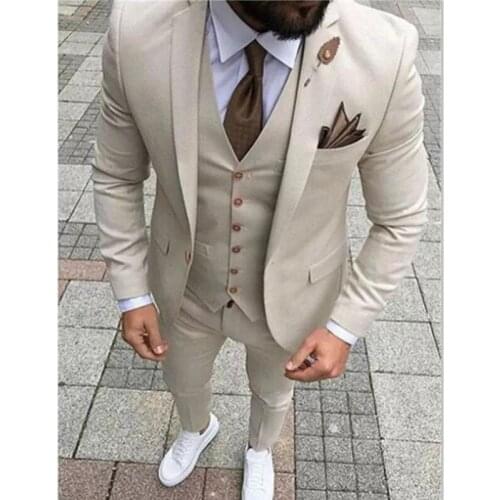 Beige Slim fit Casual Men Suits 3 Piece Custom Wedding Tuxedo with Notched Lapel 2020 Male Fashion Groom Costume Blazer Pants