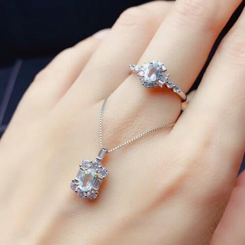 New Trendy Natural And Real Aquamarine Set 925 sterling silver Fine jewelry 1pc ring,1pc Pendant