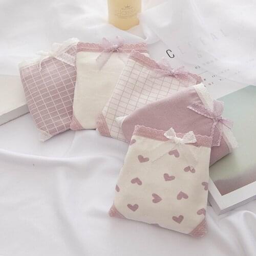 Taro Purple Love Print Girl Underwear Womens Cotton Crotch Breathable Mid-waist Underwear Feaml Briefs Plus Size Lingerie Cute