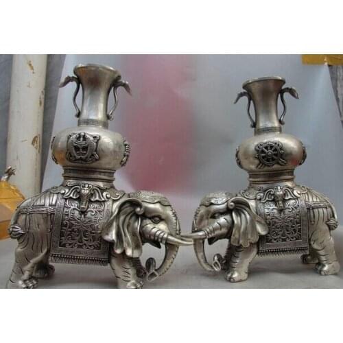Song voge gem S1321 China White Copper Silver Eight treasures Elephant Vase Incense Burner Censer