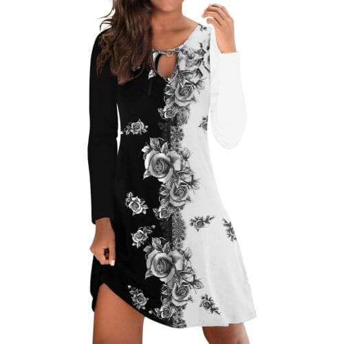 Spring Autumn Women Floral Print Splicing Dress Casual O-Neck Long Sleeve Sundress Dresses Female Long Sleeve Loose Vestidos