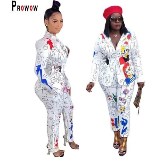 Prowow Colorful Painted Blazer Jacket Pants Women 2 Piece Set 2021 New Fashion Spring Autumn Office Lady Suits Female Outfits