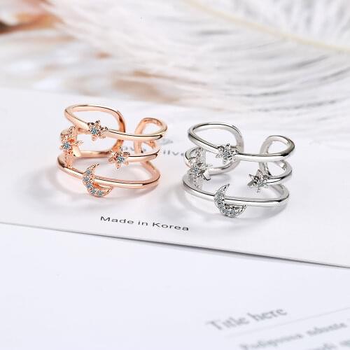 925 Sterling Silver Multi-layered Moon Star Dazzling Zircon Open Ring Jewelry For Birthday Gifts S-R464