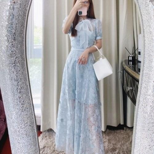 ZAWFL Vintage Embroidered Print Mesh Dress Women Fashion Bow Short Sleeve Dress Self Portrait Sexy Patchwork Dresses