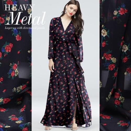 Safflower fragrance wide 12m digital printed silk georgette fabric thin through mulberry silk fairy skirt Han dress