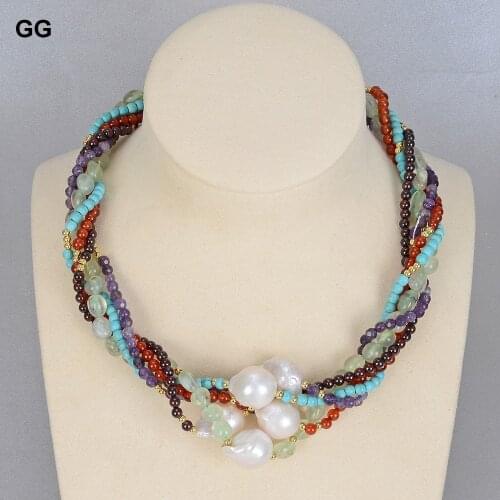 GuaiGuai Jewelry 18" 5 Rows Natural White Keshi Baroque Pearl Amethyst Prehnite Garnet Agate Turquoise Stone Necklace For Women