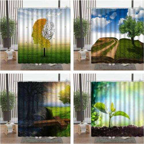 Green Plant Flower Tree Shower Curtain Sky Forest Grassland Road Scenery Bath Screen Accessories Set Home Decor With Hook Cheap