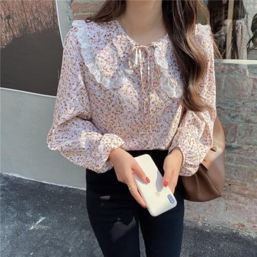 Korean Hollow-Out Embroidery Peter Pan Collar Blouse Women Puff Long Sleeve Floral Shirts 2021 Spring Autumn Causal Blusas Tops