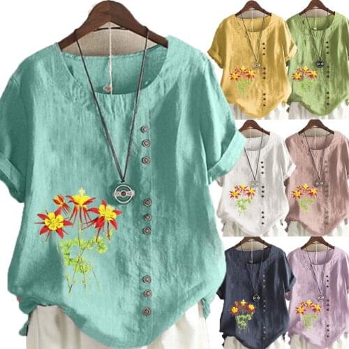 Womens New Fashion O-neck Floral Printed Short Sleeve Tops Loose Linen T-Shirt Casual Blouse